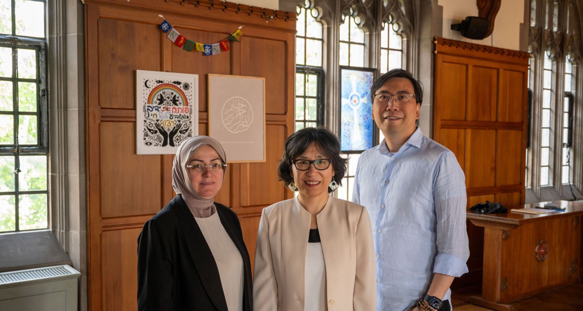 Professors Henry Shiu, HyeRan Kim-Cragg and Nazila Isgandarova in the Emmanuel Chapel.