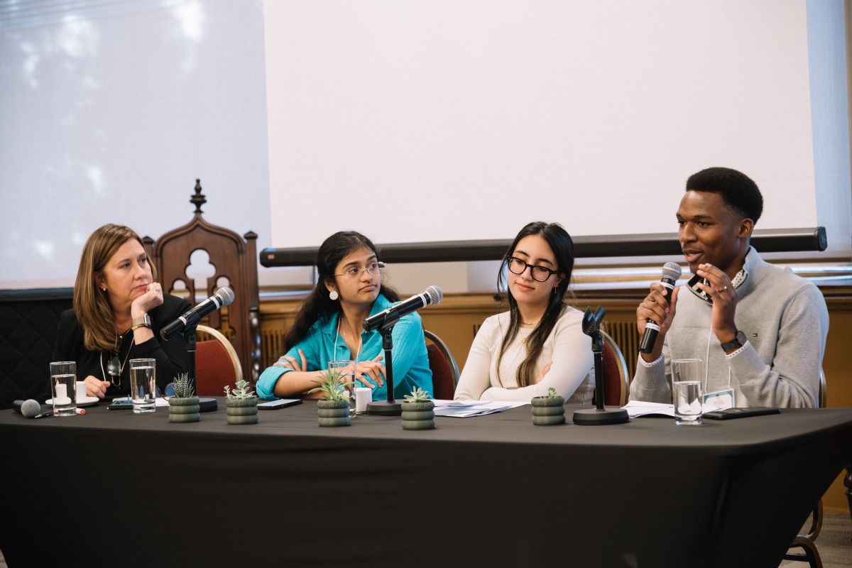 Dean Kelley Castle moderated a lively conversation between Victoria College students Mridula Sathyanarayanan, Armiti Zarbakhsh and Joseph Hill, a Vic intern and grad student at OISE.