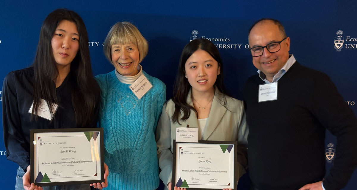 Pesando Award winner Ren Yi (Renee) Wang, donor Patricia Higgins, award winner Goeun (Lacrecia) Kang, and Professor Ettore Damiano, Chair of the Department of Economics Photo: A. Macedo