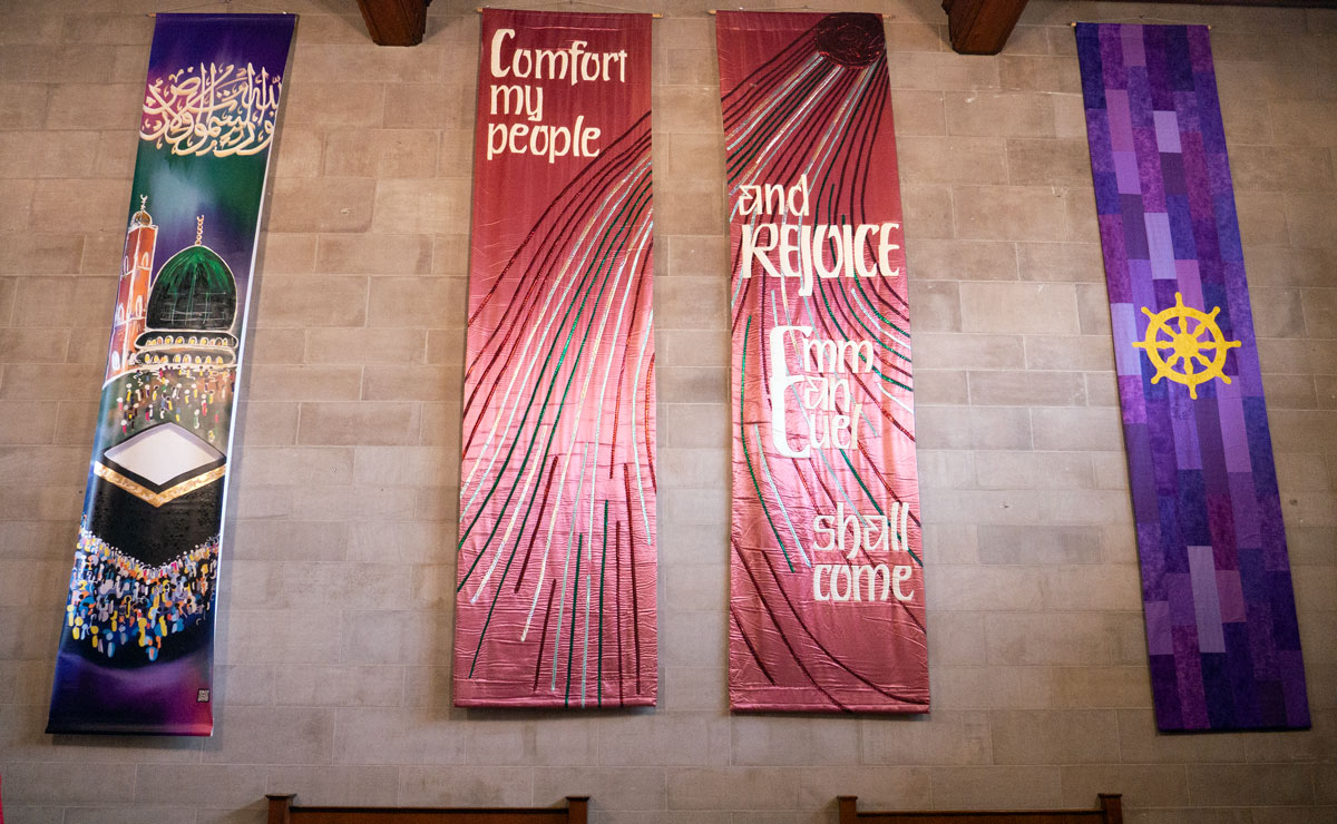 Banners hanging in Emmanuel College.