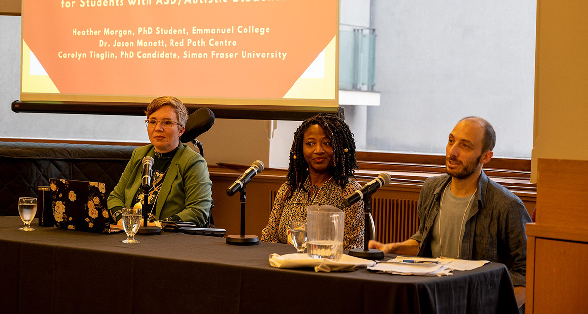 (L-R) Heather Morgan, Carolyn Tinglin, and Dr. Jason Manett address an audience in Old Vic, engaging in insightful dialogue.